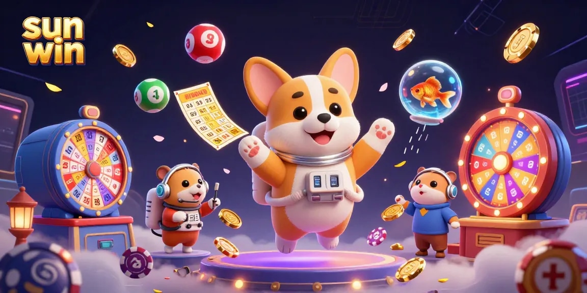 Join the fun at sun win casino with a vibrant space-themed illustration featuring joyful characters and gaming elements.