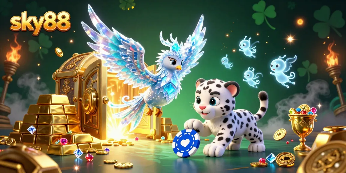 Sparkling treasures and a playful snow leopard create excitement at sky88 casino.