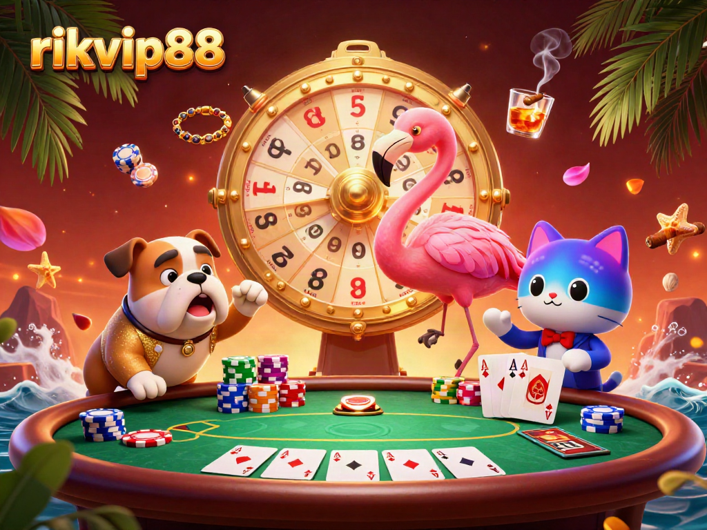 Experience the thrill of rikvip88 with an illustration of a flamingo host and excited bulldog contestant.