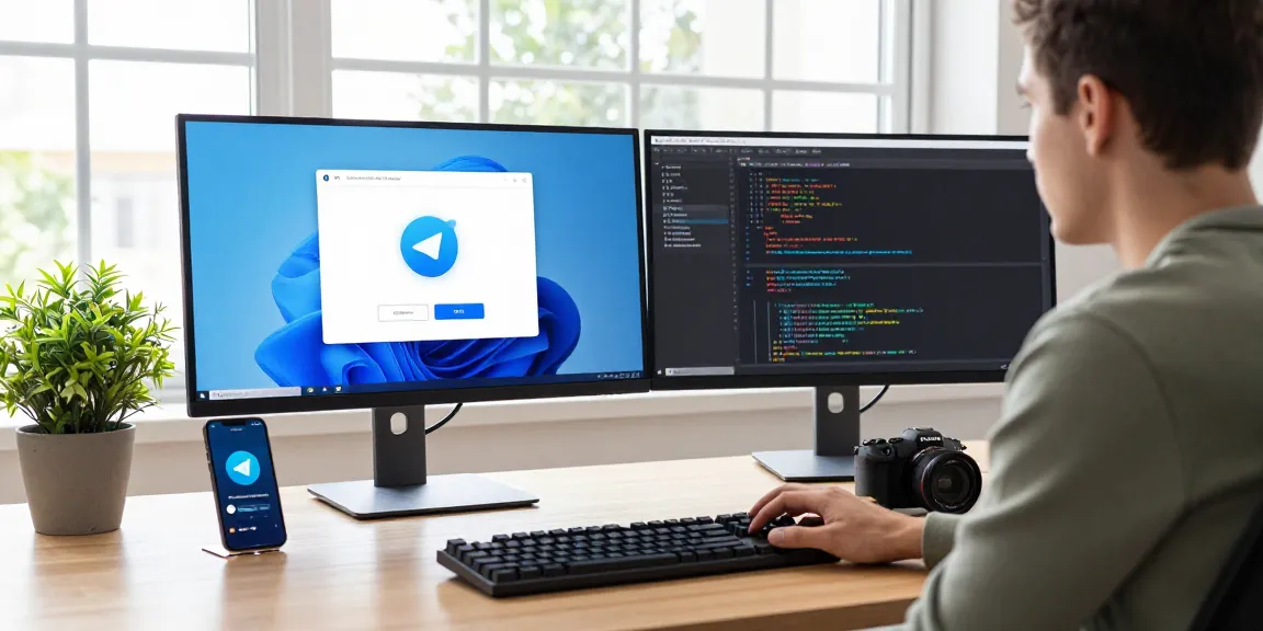 Telegram Download in a modern workspace showcasing a developer using dual monitors with the app interface.