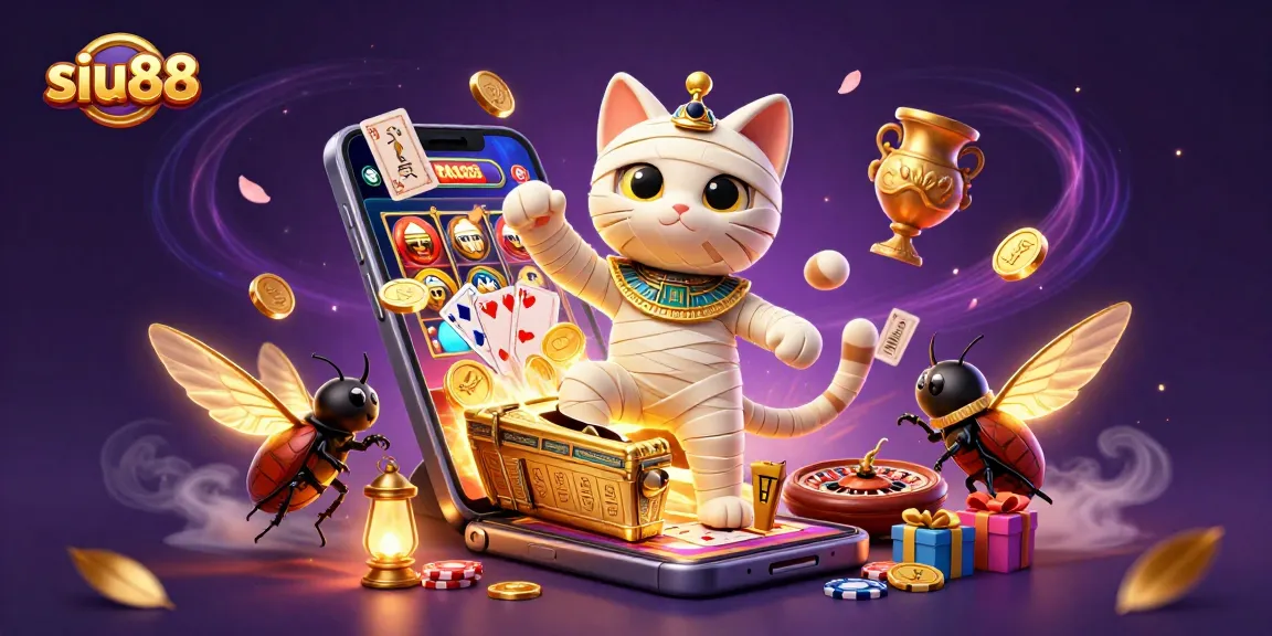 Siu88 captivates with a vibrant 3D scene of a mummy cat and a scarab beetle in a pyramid casino.