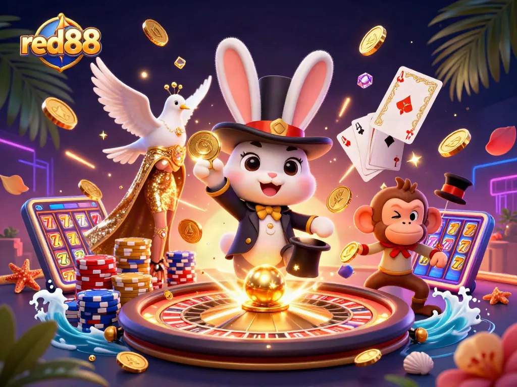 Red88 captivates gamblers with a vibrant scene showcasing a magician rabbit, casino elements, and playful characters.