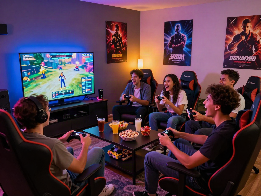 Friends enjoying a multiplayer porn game session in a lively gaming room.