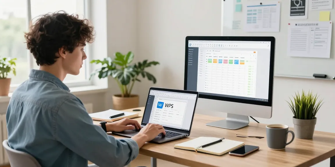 Download WPS Office in a modern workspace with laptop and productivity tools