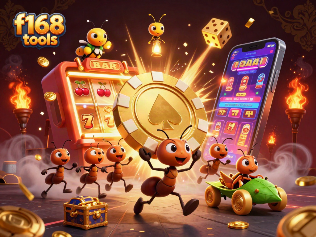 Experience thrilling gaming with f168 tools through charming 3D characters in a vibrant casino scene.