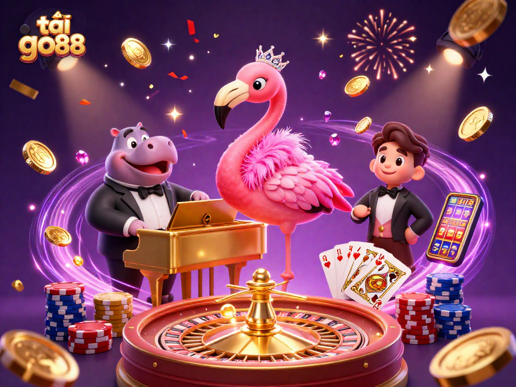 Join the fun and excitement to tải go88, featuring vibrant casino characters amidst golden coins and gaming elements!