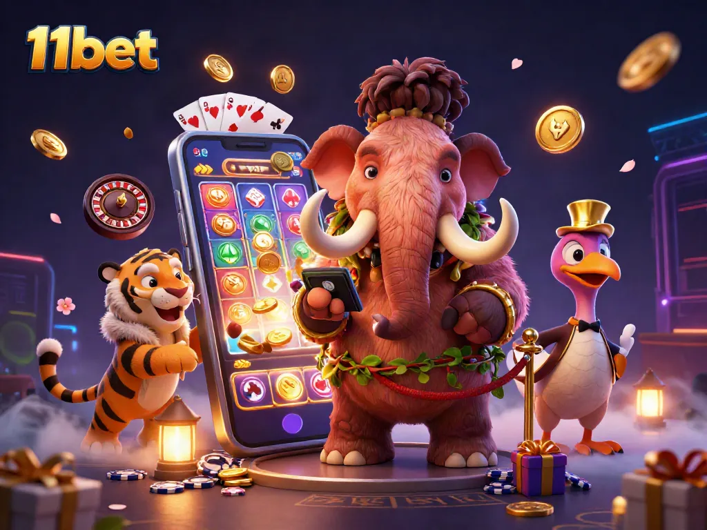 Experience the vibrant world of 11bet with a 3D illustration showcasing casino excitement and captivating characters.