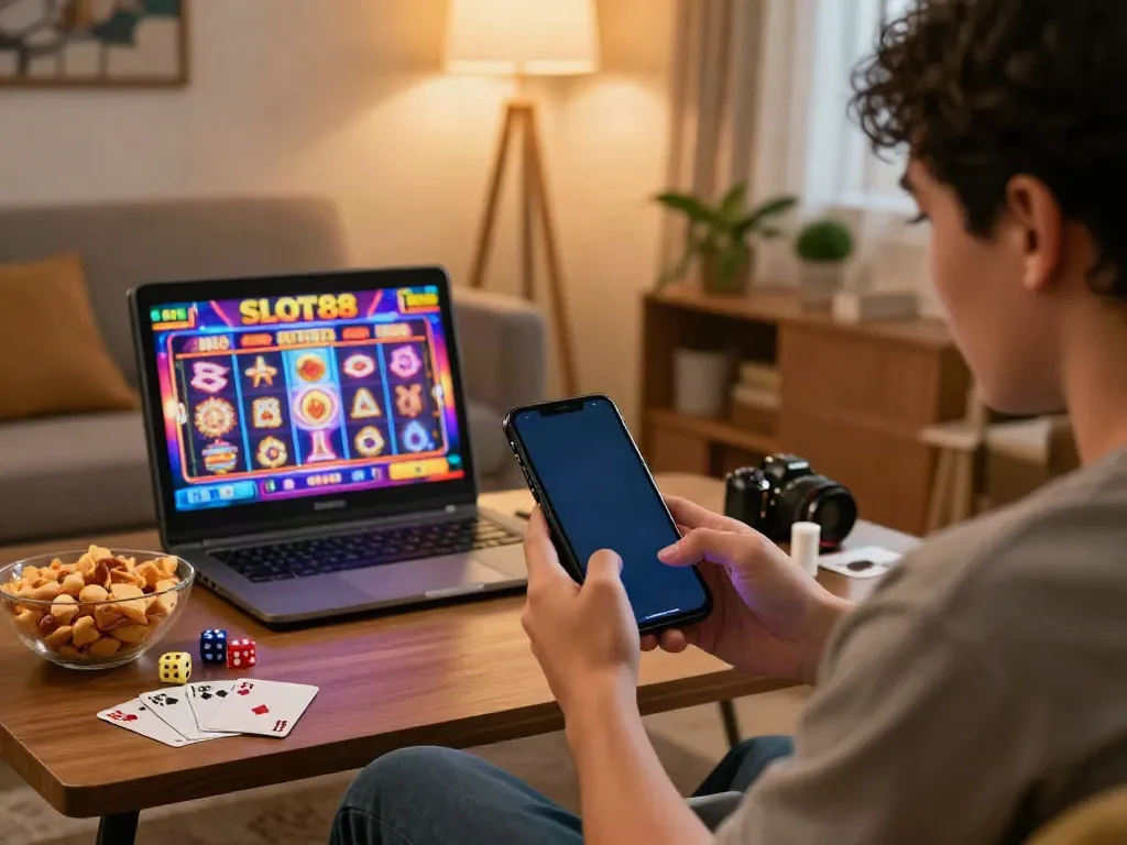 Engaging player enjoying slot88 game on smartphone in cozy living room.