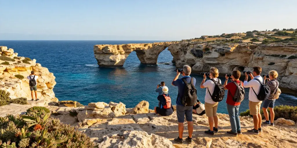 Gozo tours group admiring the Azure Window views.