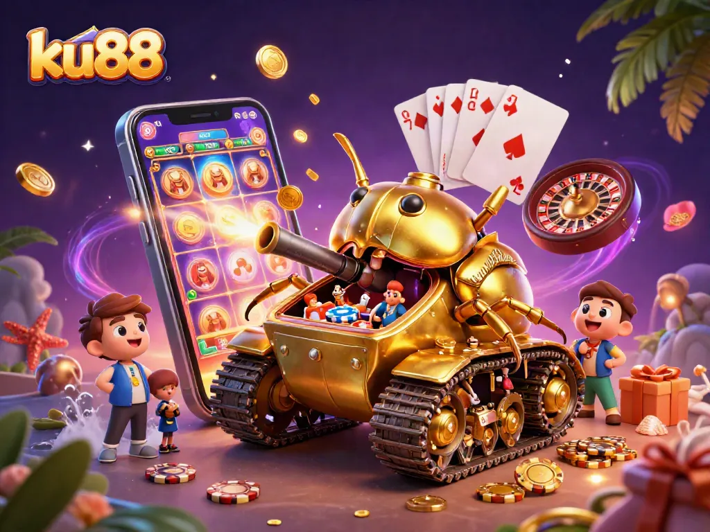 Experience the thrilling world of ku88 with a stunning 3D cartoon casino illustration filled with games and excitement.