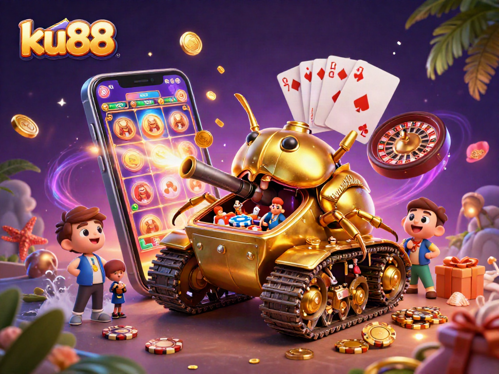 Experience the thrilling world of ku88 with a stunning 3D cartoon casino illustration filled with games and excitement.