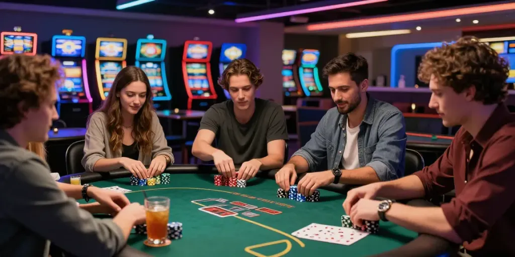 Enjoying rokok88 alternatif at a lively poker table in a modern gaming lounge