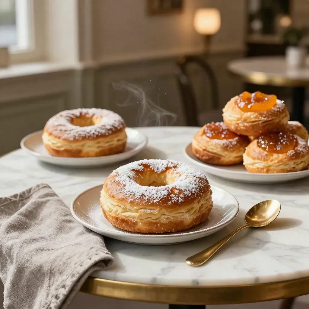 Austrian pastries on enamel plates with linen and brass spoon on marble.