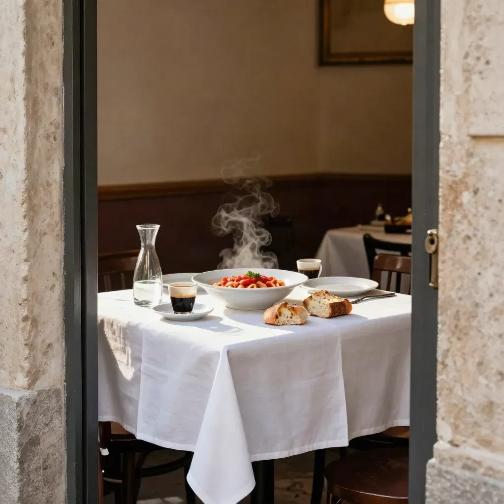 Roman lunch table with pasta, espresso, bread, and a steaming bowl in warm trattoria light