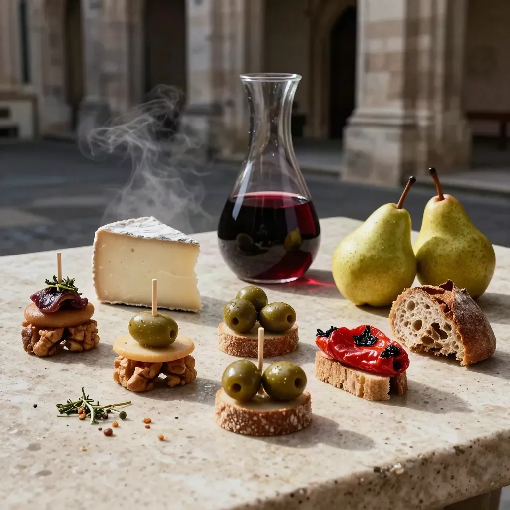 Basque pintxos, cheese, bread, olives, pears and red wine on pale stone after rain.