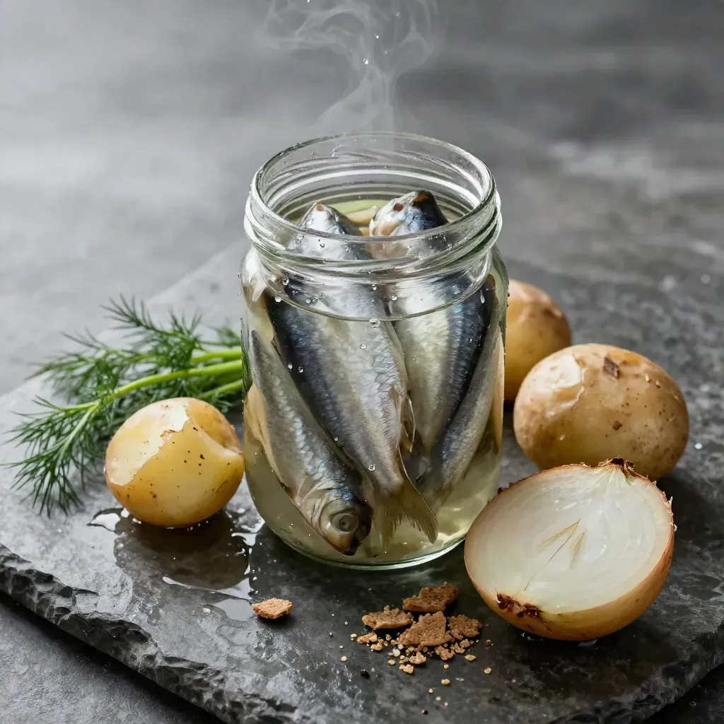 Top-down pickled herring jar with potatoes, dill, rye crisps, and onion on a damp stone slab.