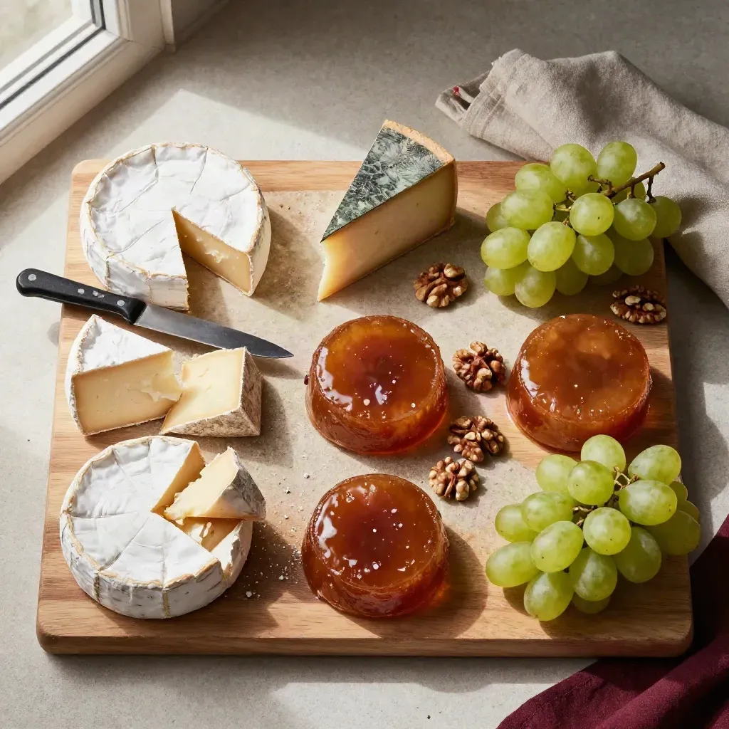 Overhead French cheese board with brie, comté, washed-rind rounds, grapes, walnuts, and a linen wrap