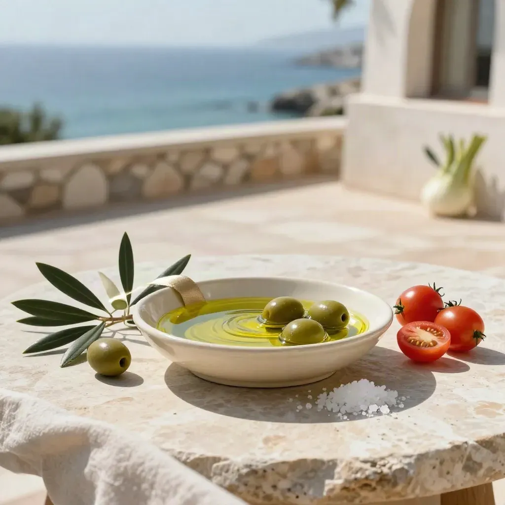 Greek olive oil, olives, tomatoes, and fennel on a sunlit stone terrace by the sea