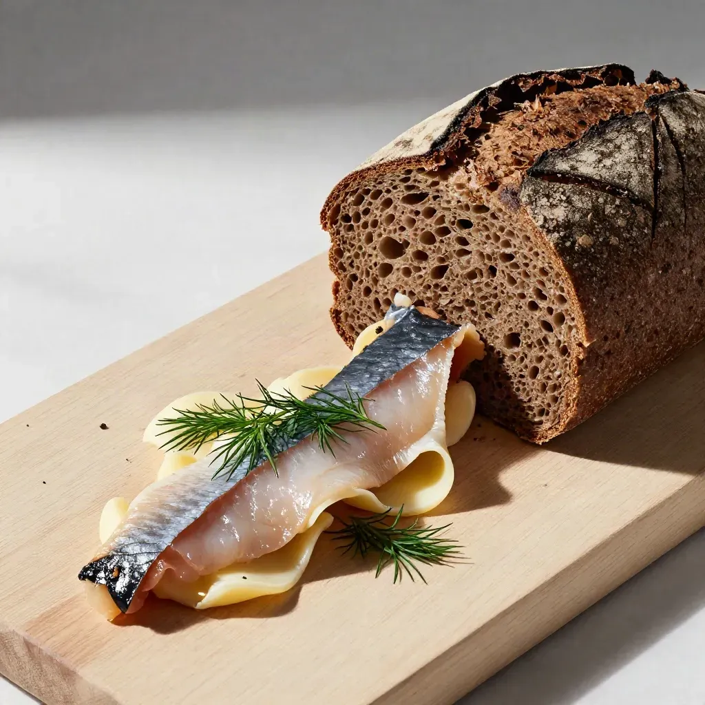 Overhead rye bread, butter curls, smoked fish and dill on pale wood with cool morning light