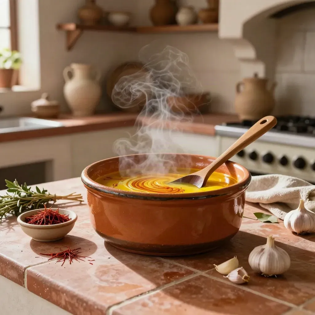 Spanish stew pot simmering with saffron, paprika oil, garlic, and a rustic spoon in a farmhouse kitchen