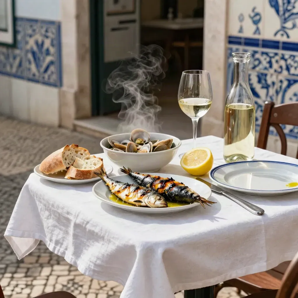 Lisbon lunch table with sardines, clams, bread, wine glass, lemon and steam on linen.