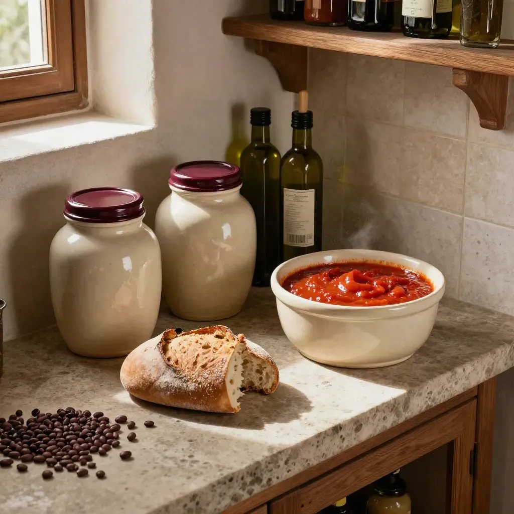 Tuscan pantry with bean jars, olive oil, bread, and tomato sauce in side-window light
