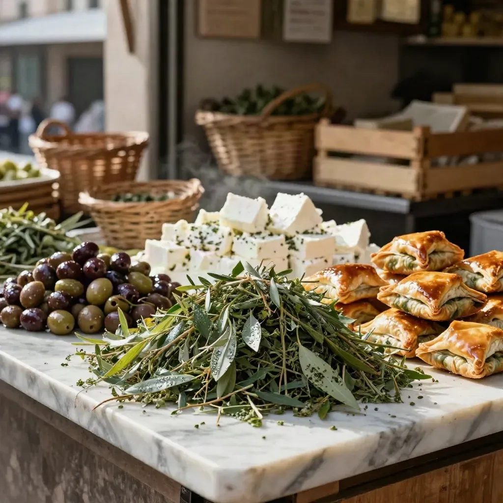 Athens market stall with herbs, olives, feta, and spanakopita on marble in soft morning light