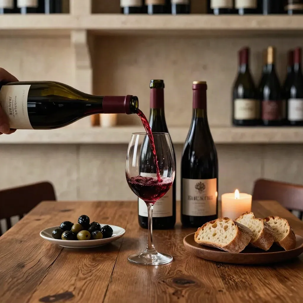 Wine pour into a glass beside olives, bread, bottles, and a candle on a Burgundy bar table.