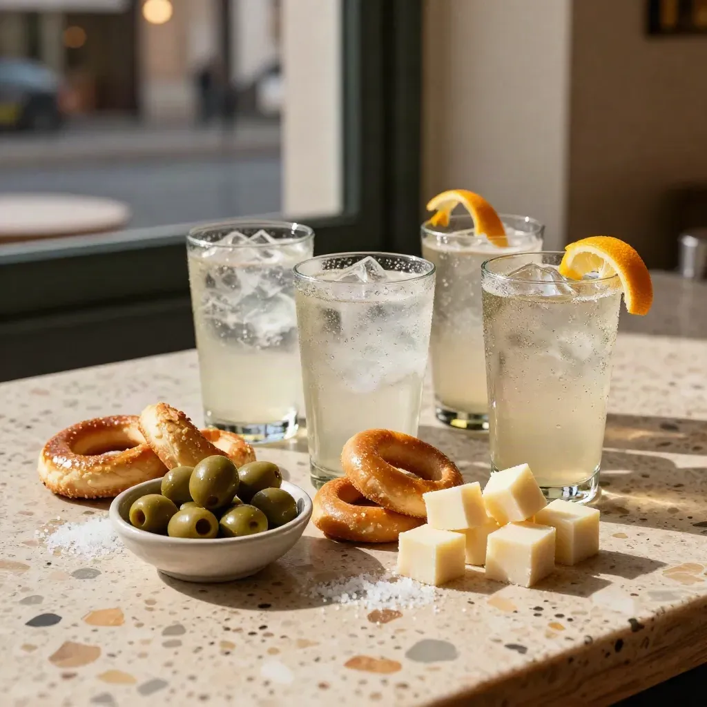 Aperitivo snacks and spritz glasses on a terrazzo bar with evening light