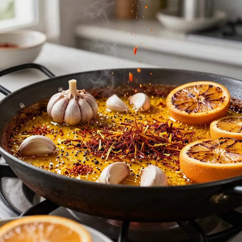 Saffron, paprika, cumin and garlic bloom in oil in a paella pan beside oranges.