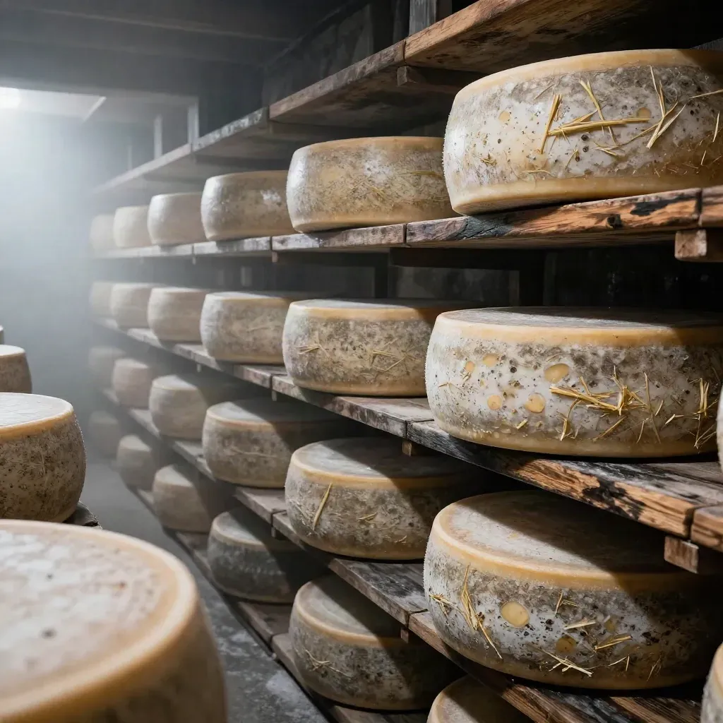 Swiss cheese wheels aging on cellar shelves, one turned open in a misty stone cellar