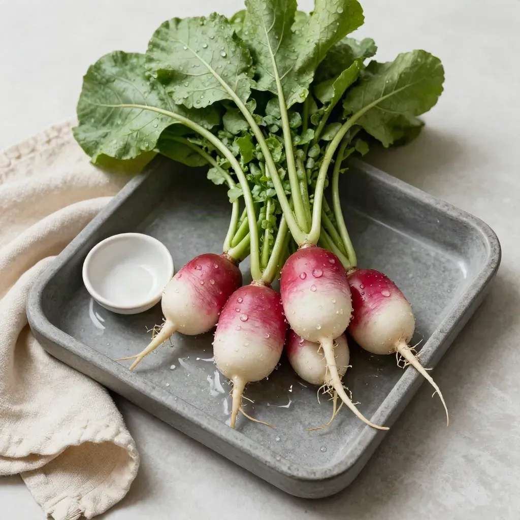 Top-down radishes with greens on a stone tray, linen cloth, and ceramic dish in soft daylight.