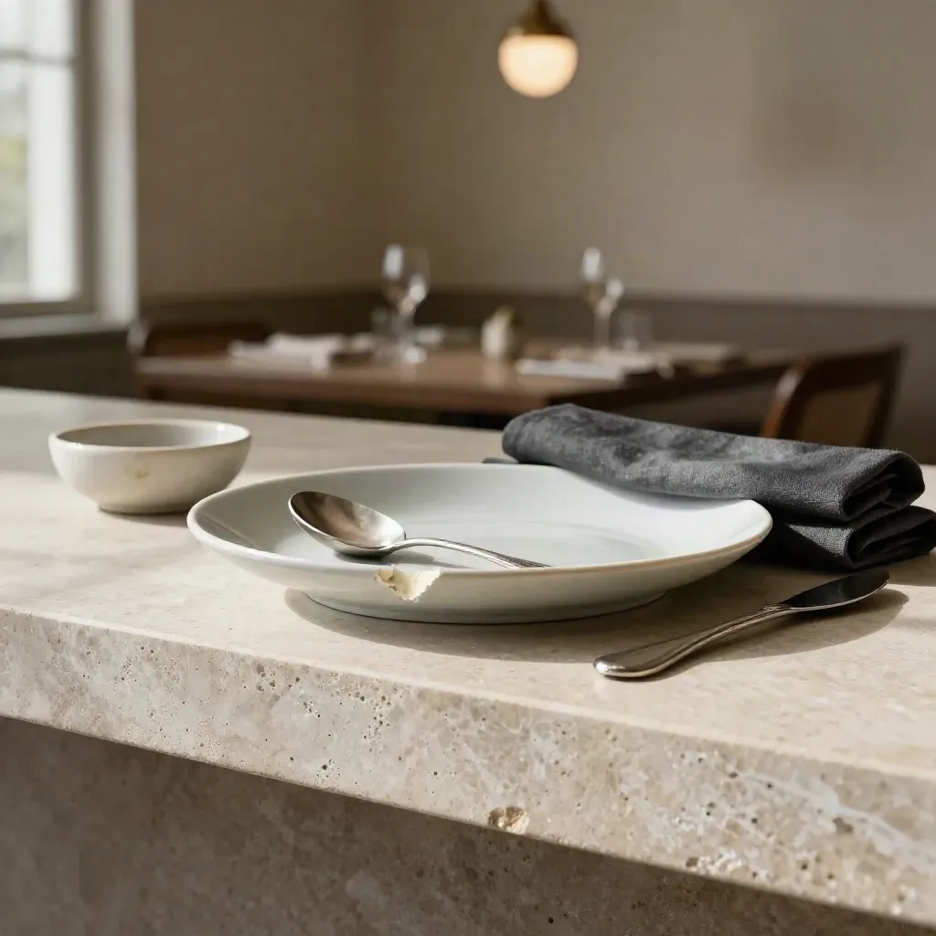 Porcelain tasting plate with spoon, linen napkin, and quiet restaurant room blur.