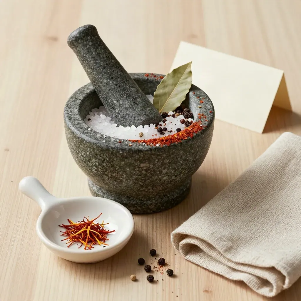 Stone mortar of crushed spices on pale wood with linen, ceramic dish and soft daylight.