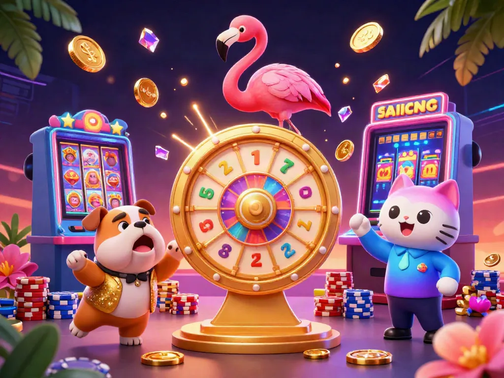 Experience the excitement of situs gacor with a vibrant game scene featuring a flamingo host and lucky players.