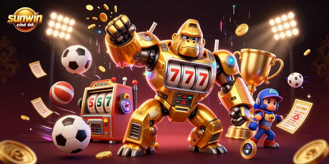 Immerse in the thrilling world of sunwin chính thức as a golden gorilla mech wins jackpots in an electrifying scene.