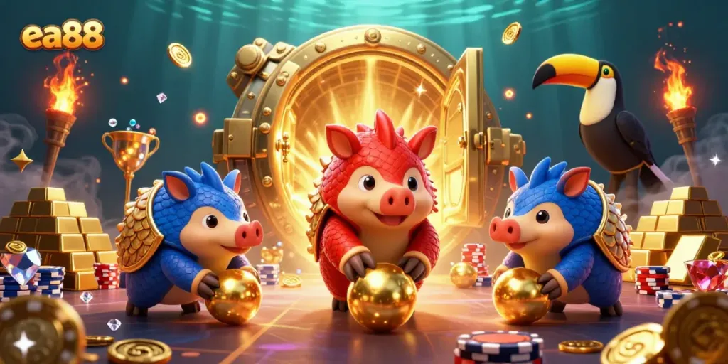 ea88 pangolins bowling through poker chips in a vibrant casino scene.