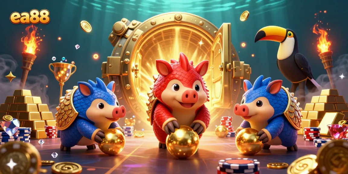 ea88 pangolins bowling through poker chips in a vibrant casino scene.