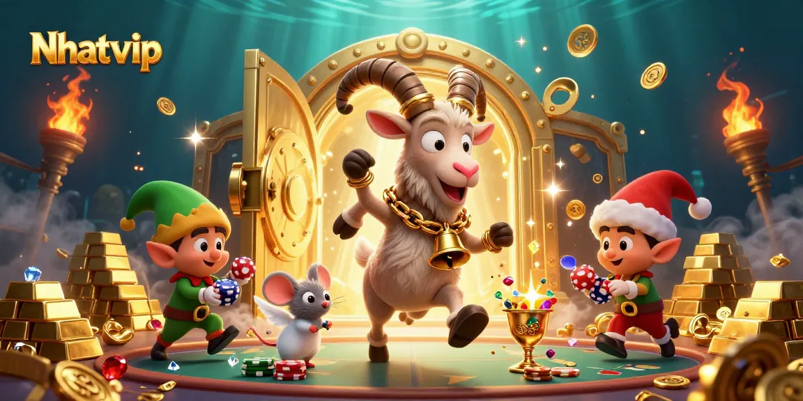 Nhatvip interactive casino scene featuring Krampus, an angel mouse, and gremlins amidst riches.