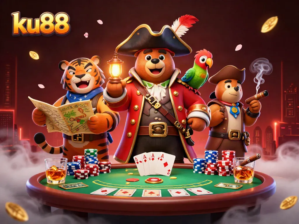 ku88 players engaging in excitement at a dynamic poker scene filled with vibrant game elements.