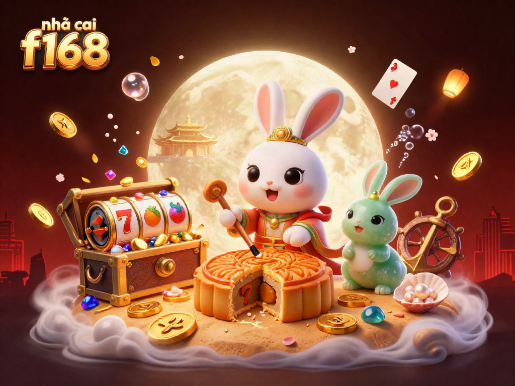 nhà cái f168 showcases a vibrant 3D illustration of a moon rabbit, symbolizing winning and excitement in gaming.