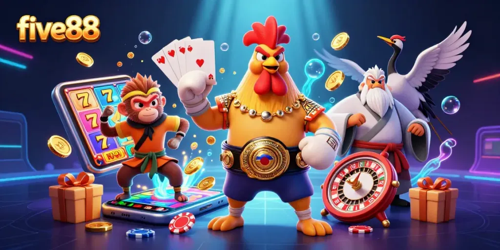 Experience the excitement of five88 with vibrant slot reels and dynamic gaming elements.