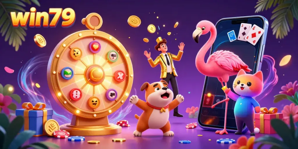Experience thrilling gameplay with win79 in this vibrant 3D illustration featuring a game show host and exciting prizes.