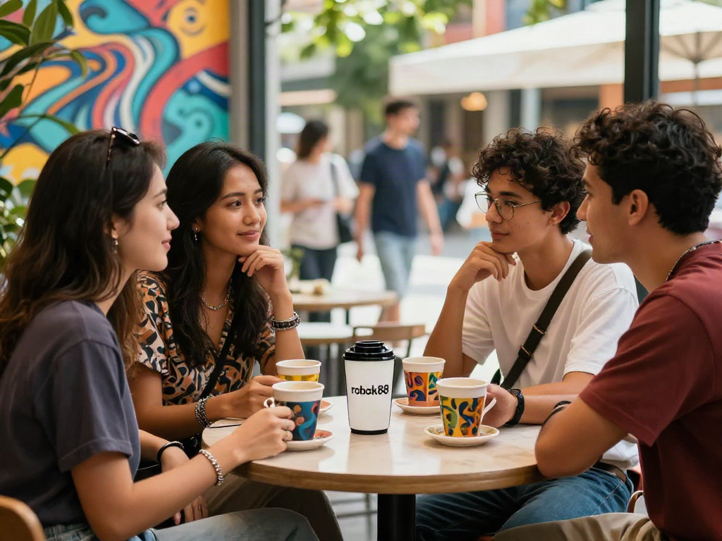 Friends enjoying coffee and fashionable accessories in a vibrant cafe, featuring rokok88 products.