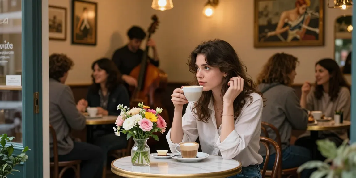 Cozy café scene showing a woman with a crush on someone, sipping coffee while waiting.
