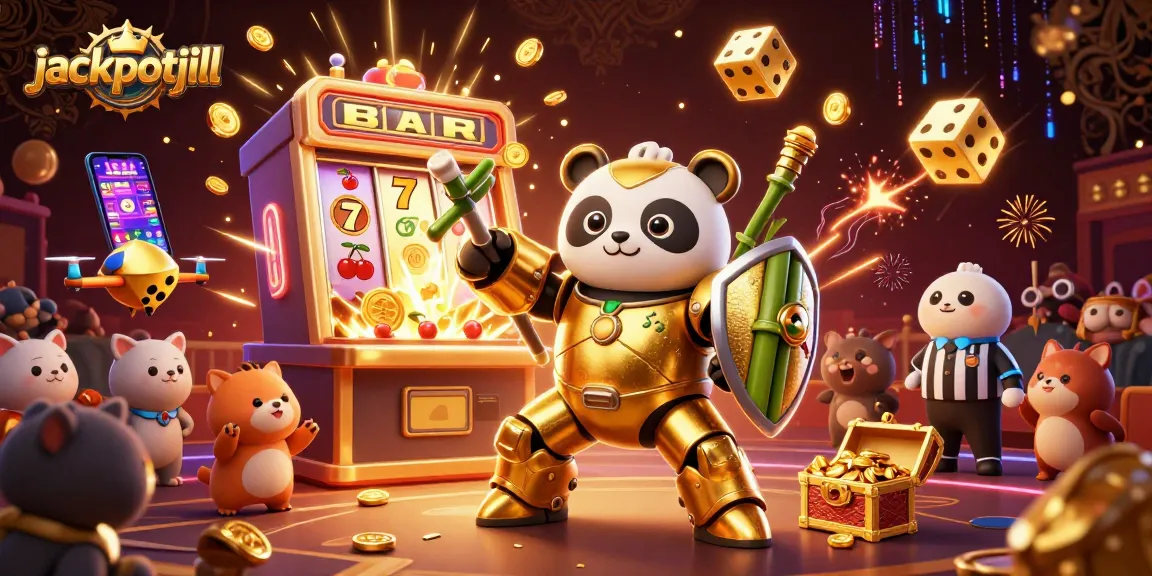 Experience jackpotjill excitement with a dynamic casino scene featuring a mech-suit panda!