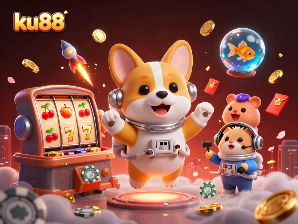 Engaging scene of ku88 with a floating astronaut corgi in a casino, poker chips, and slot elements.