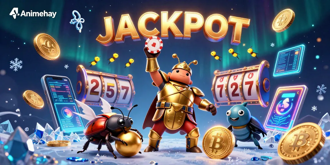 Animehay showcases a 3D cartoon scene with characters engaging in a jackpot celebration at a casino.