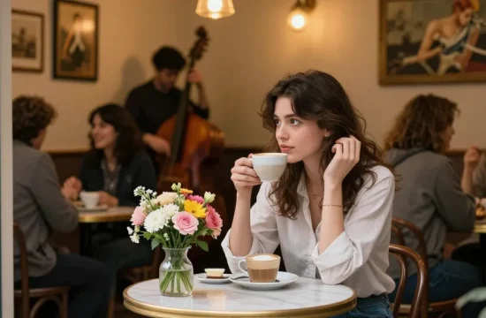 Cozy café scene showing a woman with a crush on someone, sipping coffee while waiting.