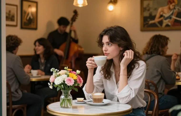 Cozy café scene showing a woman with a crush on someone, sipping coffee while waiting.